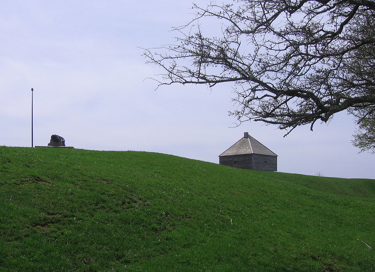 Historic Fort Edward blockhouse on a grassy hill in Windsor, Nova Scotia